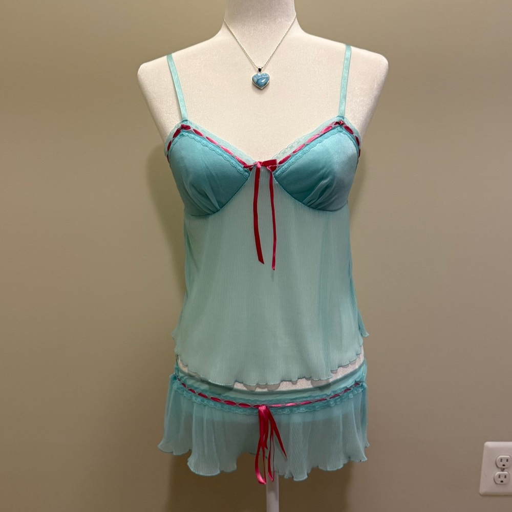 sheer turquoise and pink cami + booty shorts pajama set